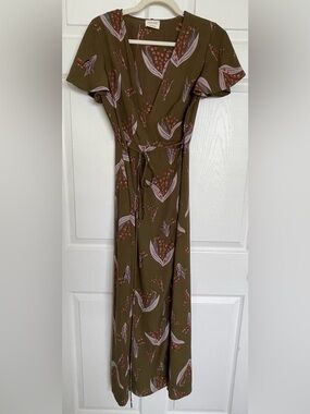emory park Olive Floral Wrap Maxi Dress with Lavender Accents